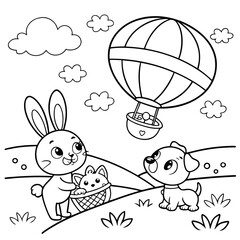 Cartoon Cute animal playing coloring page vector illustration