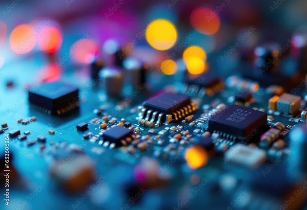 Poster close-up view of intricate electronic components on a circuit board.
