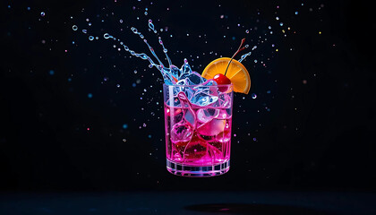  Vibrant Pink Cocktail with Cherry and Orange Garnish, Featuring a Dynamic Splash of Liquid and Ice, Perfect for Nightlife and Party Themes - Ideal for Social Media, Banners, and Advertisements