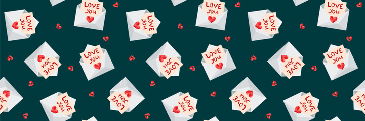 seamless pattern with love envelopes and letters on a dark emerald green background romantic design for valentine's day and anniversary