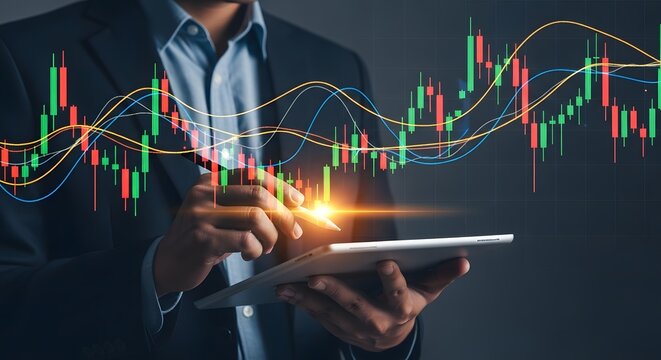 Business Analyst Reviewing Stock Market Charts on Tablet