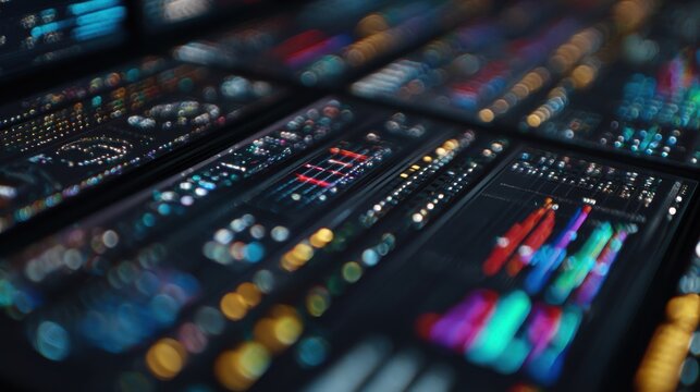 Closeup focus on a fibertofiber garment sorters control panel displaying illuminated screens with data analytics showing realtime sorting statistics and fabric identification metrics