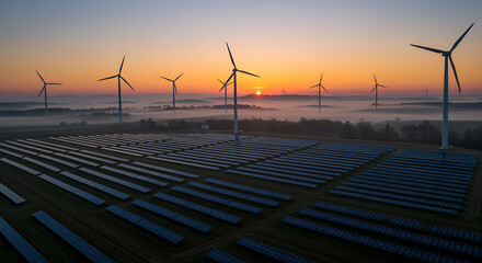 Stunning aerial view of expansive solar farm and wind turbines at sunrise with misty landscape