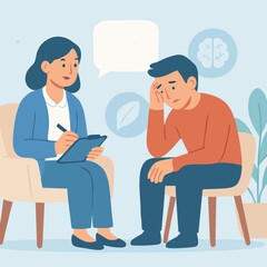 Flat vector illustration showing a female psychologist having a therapy session with a depressed male patient sitting in a chair. Concept of mental health counseling, psychological support, psychother