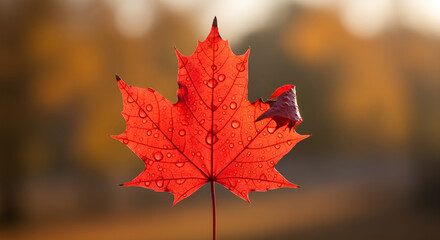 Red maple leaf with water droplets close up autumn fall foliage nature photography seasonal leaf change beauty