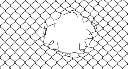 Broken chain link fence with hole security breach concept