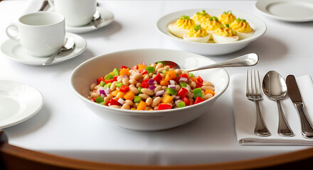 Fresh Mediterranean Bean Salad Served in a Classic White Bowl at a Restaurant