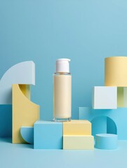 Cosmetic product displayed on abstract geometric shapes and pastel background