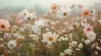 white pink cosmos flower field in soft light, dreamy peaceful landscape 