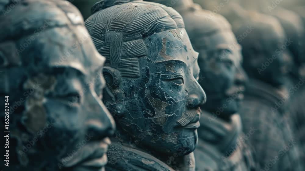 Poster a close-up view of several stone statues with intricate details and facial expressions
