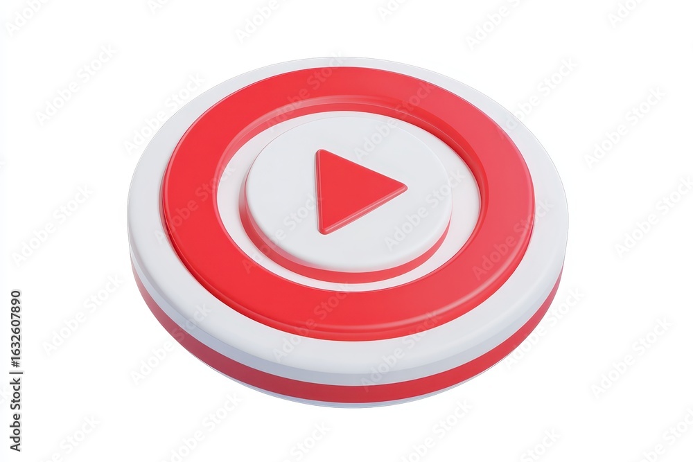 Poster play button icon design with red and white concentric circles.