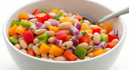 Classic White Bowl with Fresh Mediterranean Bean Salad – White Background