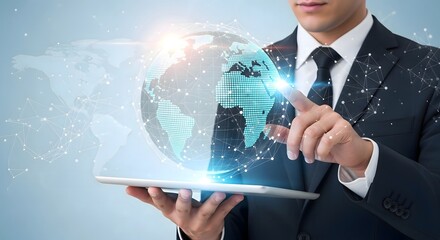 Businessman Holding Tablet with Holographic Globe and Data Network Overlay