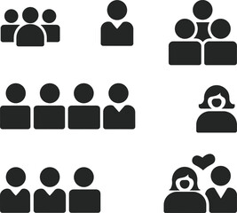 Social group icons, individual profile symbols, black silhouette style, minimal figures, isolated on white background