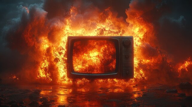 Retro TV engulfed in flames - Powered by Adobe