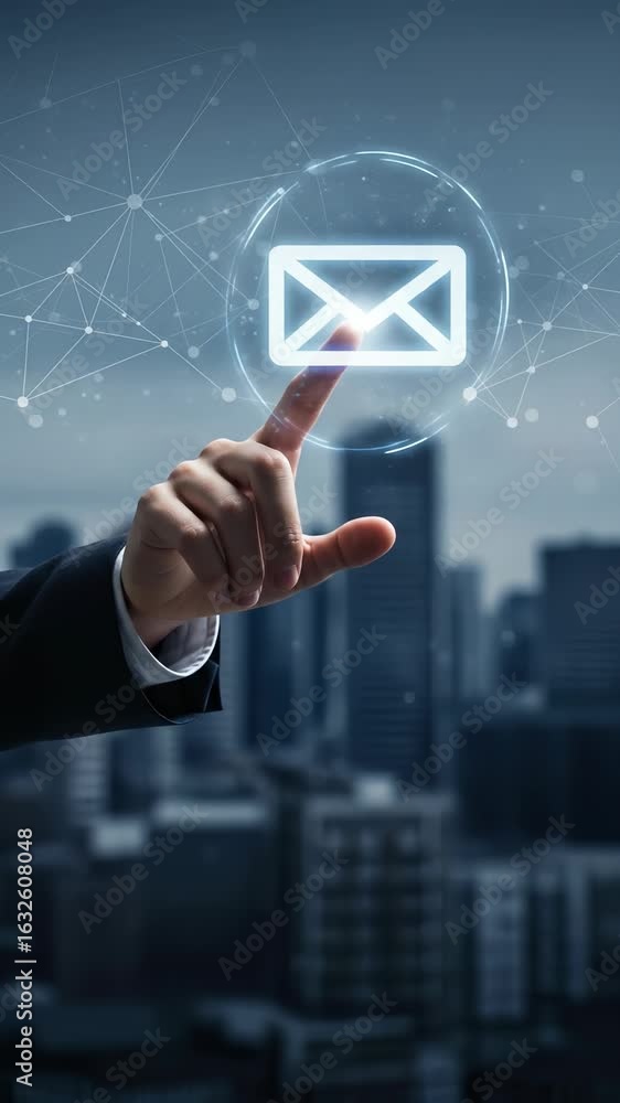 Poster business email communication: man taps glowing email icon on modern skyline backdrop, visualizing di