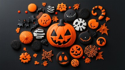 circle arrangement of halloween cookies and treats on dark surface
