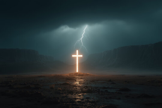 lightning at night to a glowing shining cross