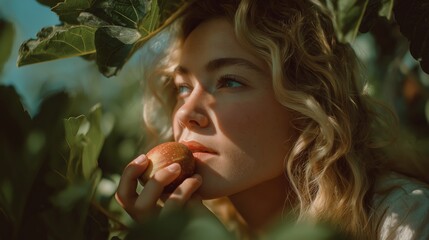 pretty Caucasian woman  eating fig under fig tree shade