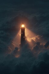 Lighthouse piercing through clouds at night