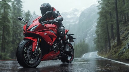 Rider on red motorcycle in wet mountain road