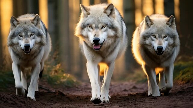 Dynamic video concept of three wolves walking towards the camera at eye level, capturing their fierce gaze and the warm, golden forest backdrop. Live desktop wallpaper.