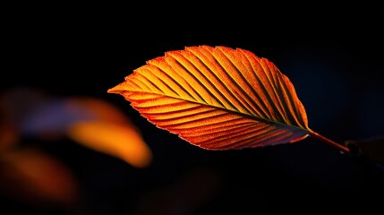 Close-up of a vibrant autumn leaf illuminated against a dark background, showcasing intricate textures and colors