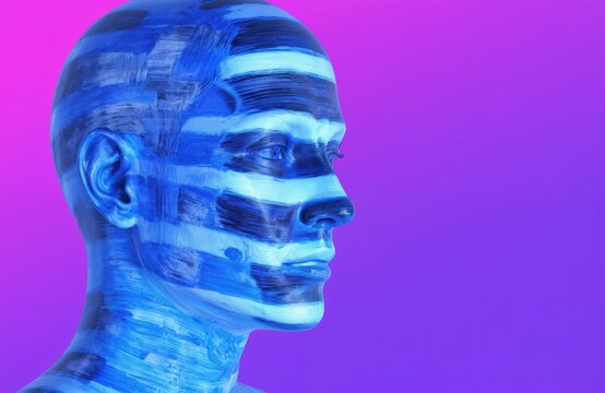Mannequin head painted in bright blue. Purple, pink background gradient creates contrast. Modern, futuristic design. Blue mannequin, purple, pink, abstract background, head, concept, face, human,