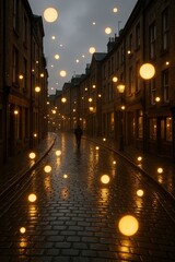 Mystical Urban Evening: Floating Luminous Orbs Over City Street