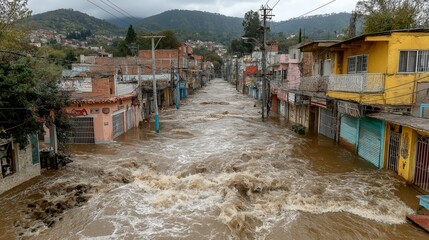 A flooded street in an Indian town shows rising water submerging roads, shops, and homes.