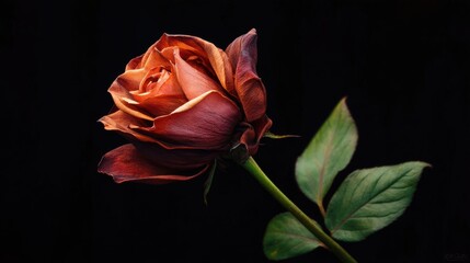 Close-up of a wilted rose with rich hues against a dark background, highlighting its delicate features