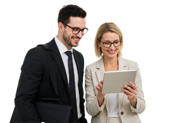 Business successful positive managers use a tablet, a man and a woman stand together, office employees. Finance colleagues work in a team, project partners PNG.