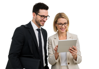 Business successful positive managers use a tablet, a man and a woman stand together, office employees. Finance colleagues work in a team, project partners PNG.