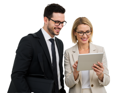 Business successful positive managers use a tablet, a man and a woman stand together, office employees. Finance colleagues work in a team, project partners PNG.