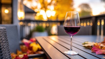 A serene outdoor setting featuring a glass of red wine on a wooden table surrounded by autumn leaves