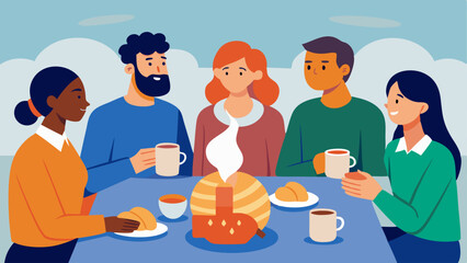 A group of people sitting at a communal table sharing a freshly baked loaf of bread and cups of steaming hot coffee.
