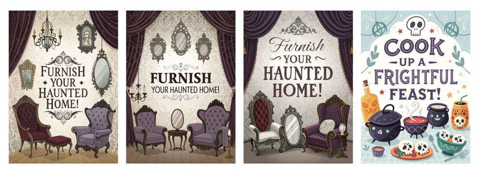Set of four vintage Halloween posters with spooky d�cor and gothic culinary invitation