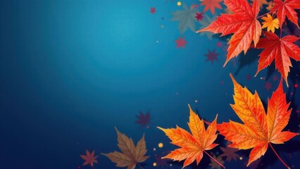 Blue autumn background with beautiful orange and red maple leaves, fall season, template with place for text