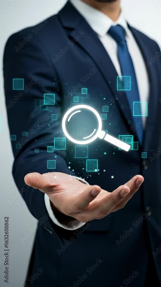 Poster data analytics expert showcases research tool for deep insights into market trends in a suit with in