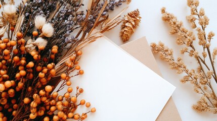 Aesthetic arrangement of dried flowers and foliage on a light background with blank paper for design