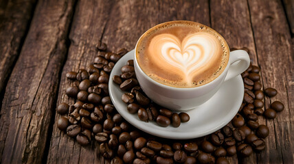 Coffee latte with heart shape art in a cup, surrounded by coffee beans on an old wooden table. Top view for cozy, romantic, and homemade concepts.