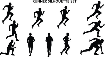 Runner silhouette set, jogging and sprinting sequence icons, motion variation pack, editable black vector for fitness and sports themes