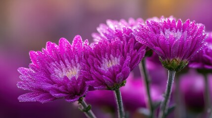 Vibrant purple flowers glistening with dew in a soft-focus garden setting during early morning light