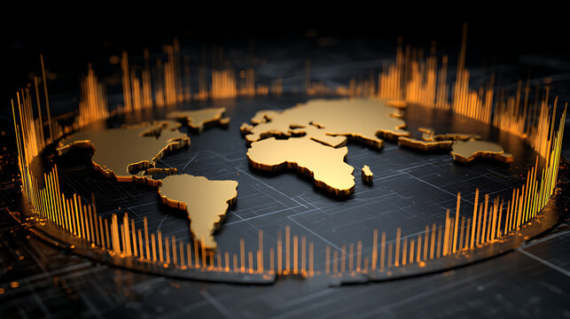 Golden continents on dark circuit board with glowing orange bars world map