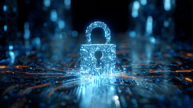 Glowing digital padlock symbolizing cybersecurity and data protection - Powered by Adobe