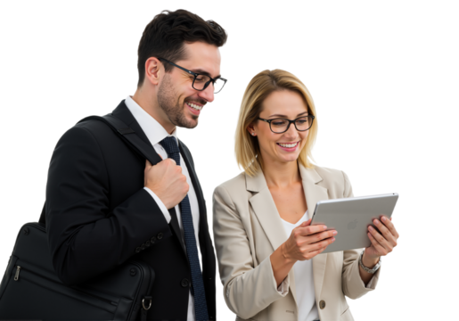 Business successful positive managers use a tablet, a man and a woman stand together, office employees. Finance colleagues work in a team, project partners PNG.