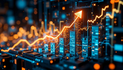 Business, Finance, Technology - Digital Business Growth Chart with Glowing Orange and Blue Lines and Bars, Futuristic Data Analysis