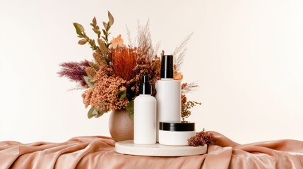 Elegant arrangement of skincare products on a soft fabric backdrop with floral accents in a serene setting