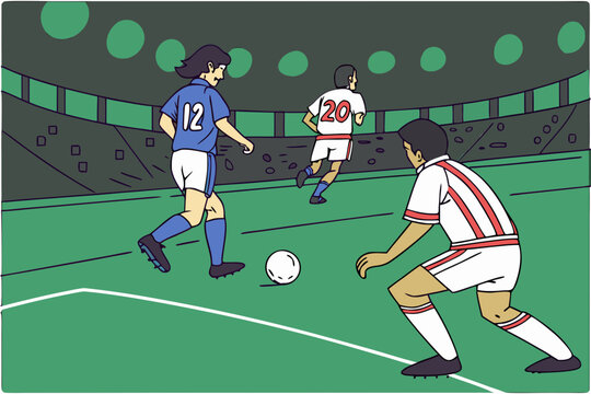 Exciting soccer match scene. blue team on the attack, passing and dribbling during a major league championship game.