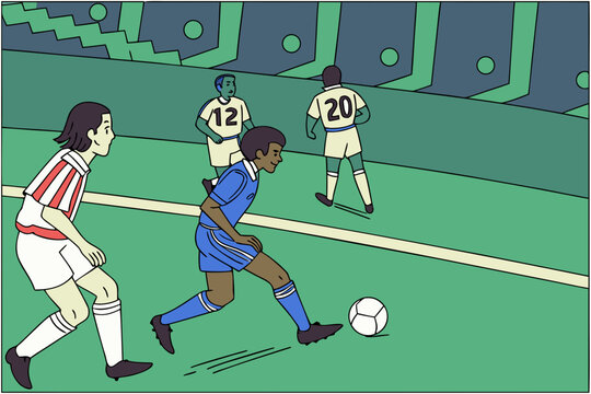 Exciting soccer match scene. blue team on the attack, passing and dribbling during a major league championship game.